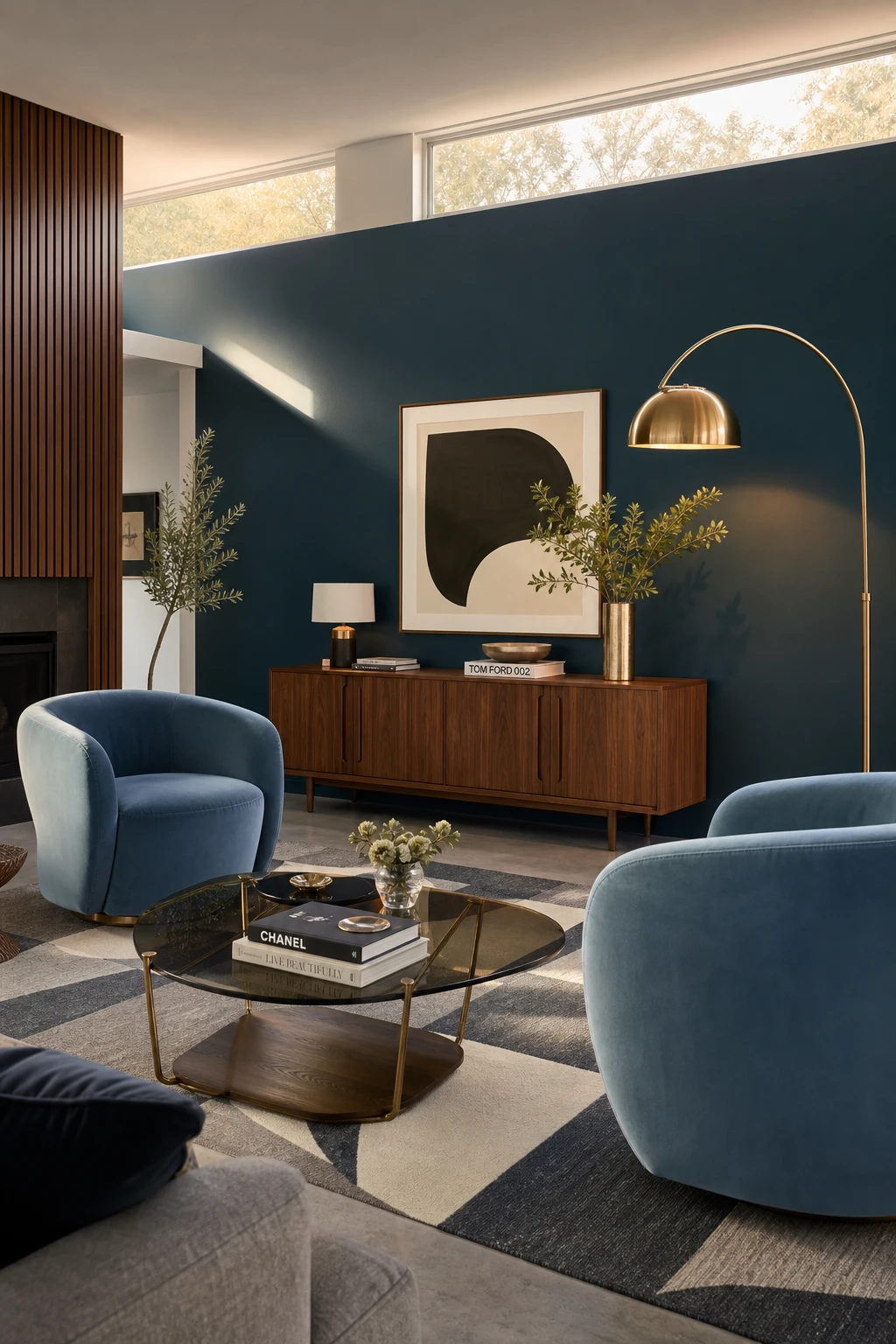 Midcentury glam living room with cool toned walls, sculptural furniture, brass accents, and Farrow Ball Inchyra Blue on a feature wall