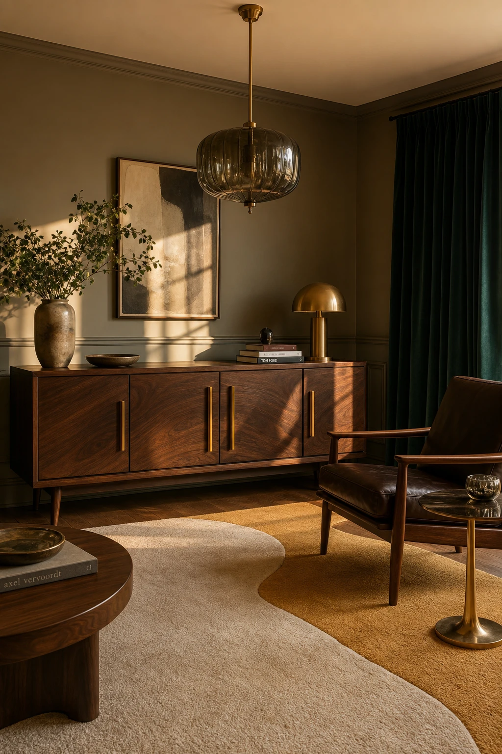 Midcentury glam living room with dark walnut furniture as the hero, statement pendant, brass accents, textured rug, and Farrow & Ball Wainscot walls