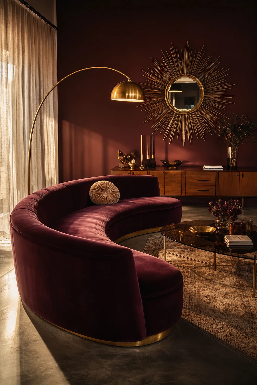 Midcentury glam living room with Hollywood glamour details, velvet seating, a sunburst mirror, and Farrow & Ball Mahogany accent wall in warm evening light