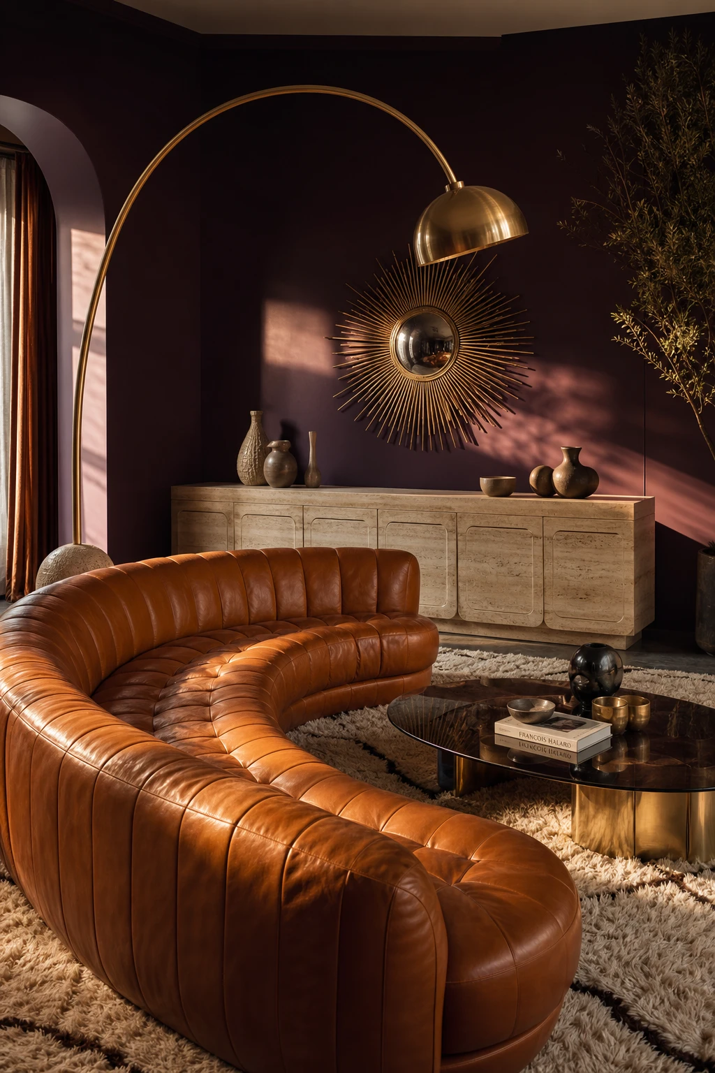 Midcentury glam living room with Italian seventies confidence, deep purple walls, curved low sofa, brass floor lamp, and smoked glass cocktail table