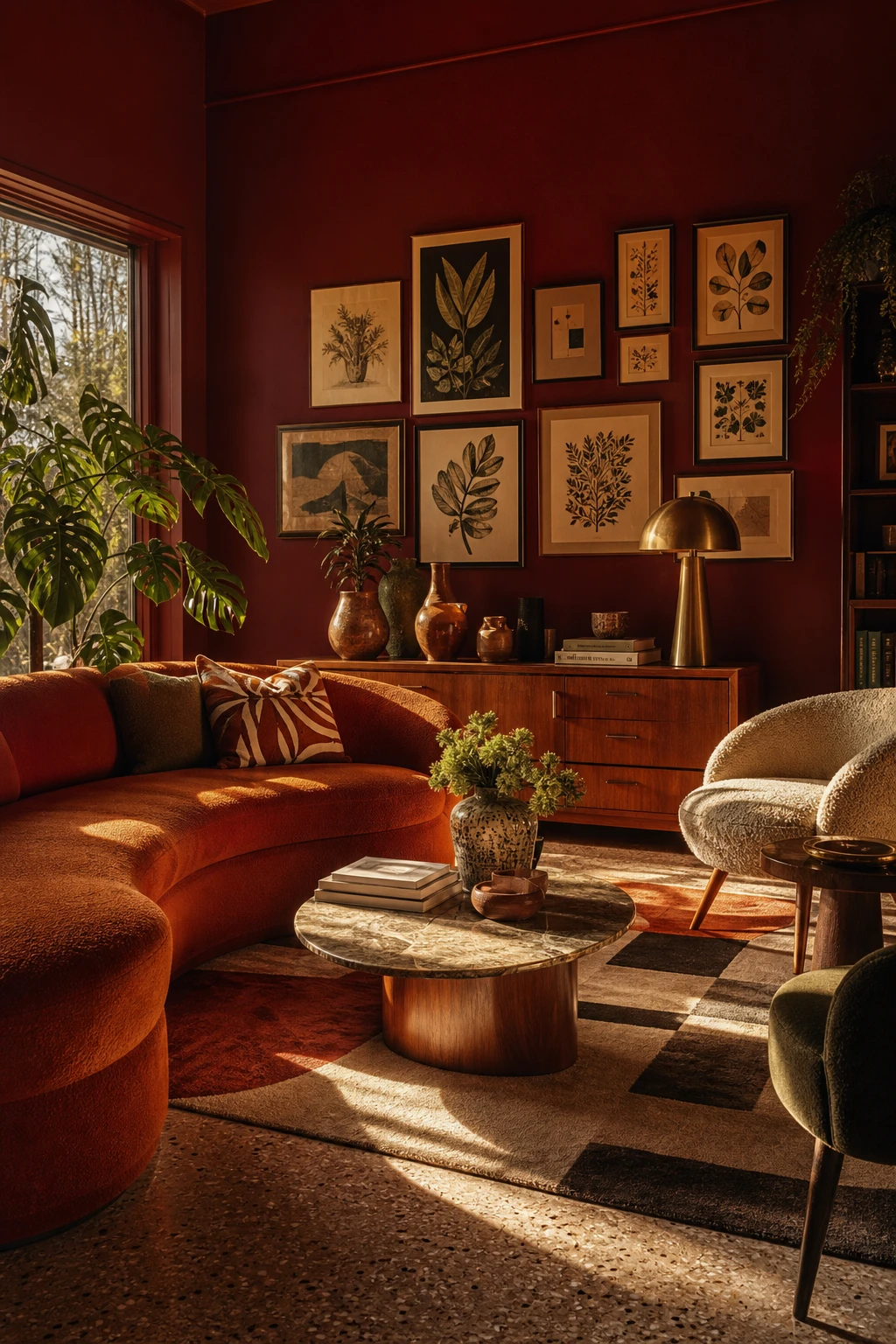 Midcentury glam living room with maximalist layering, bold Etruscan Red walls, sculptural furniture, patterned textiles and curated objects under warm evening light