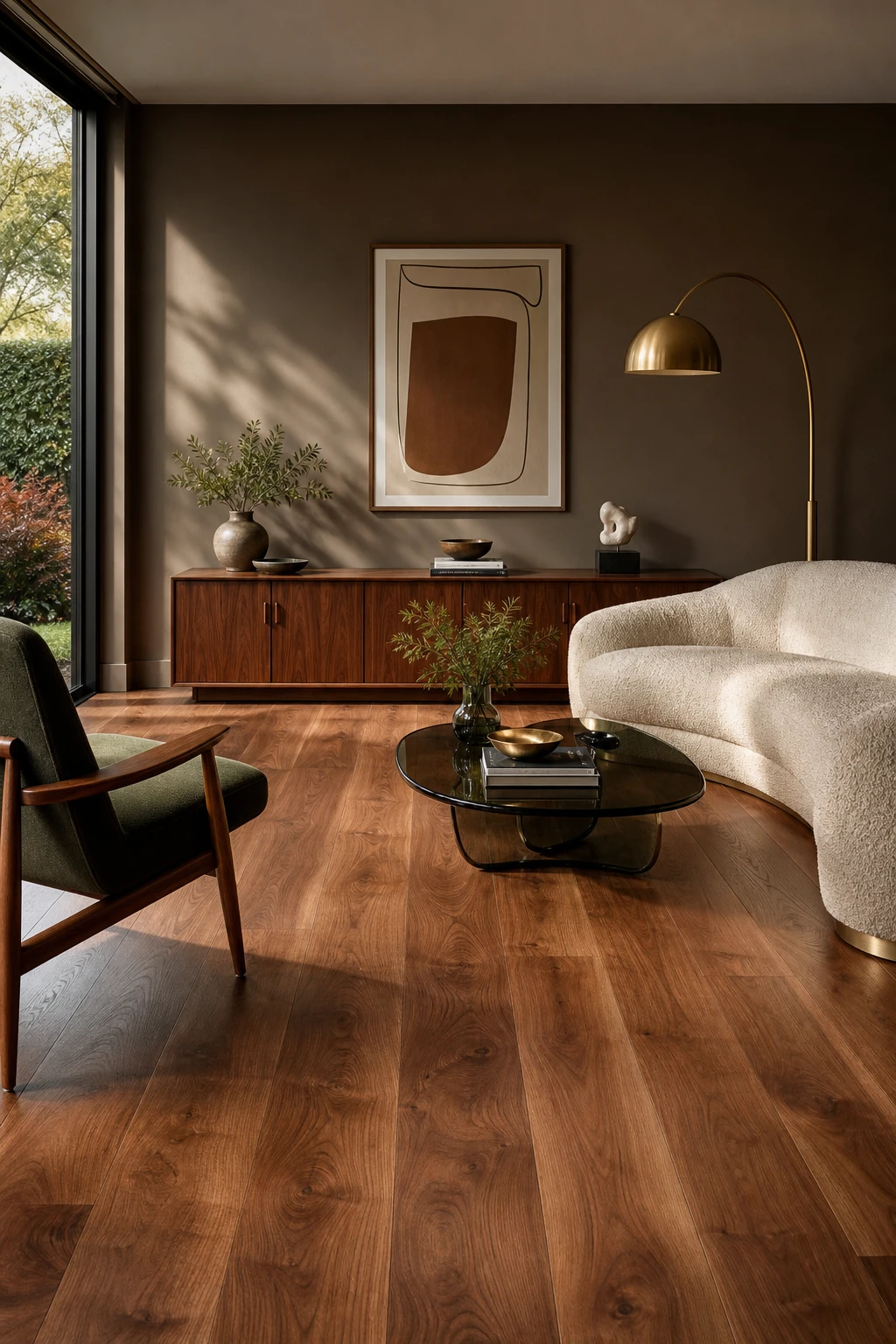 Midcentury glam living room with rich walnut flooring anchoring a warm palette, low profile furniture, brass accents and London Clay walls in soft natural light