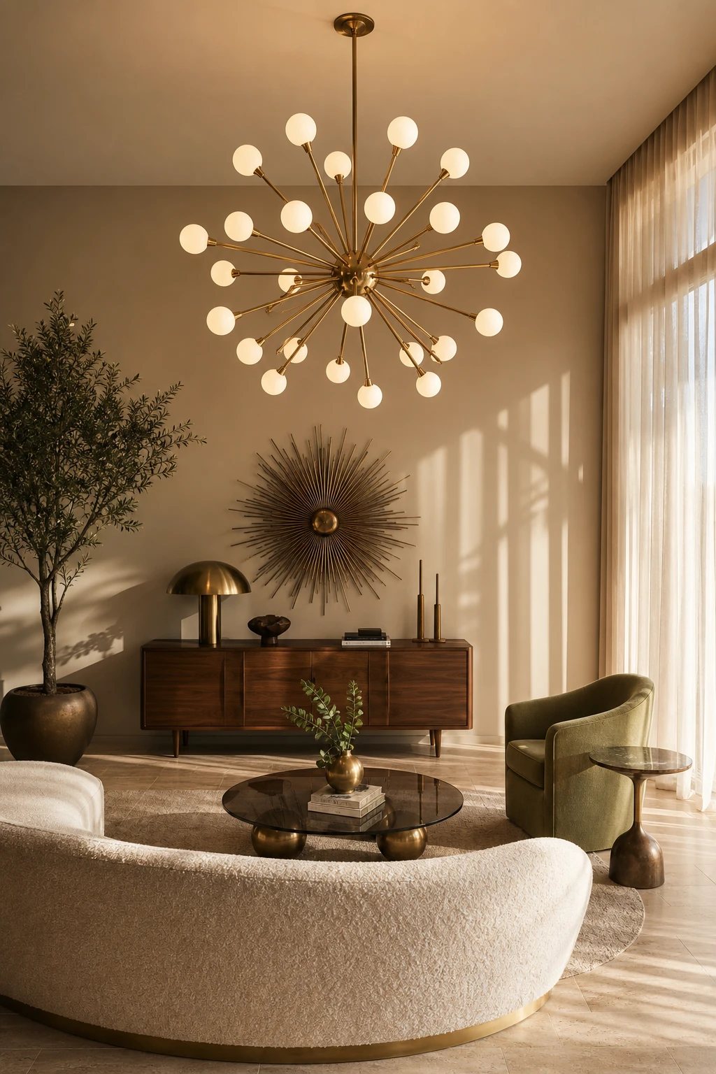 Midcentury glam living room with sculptural sputnik chandelier as hero, warm Skimming Stone walls, walnut furniture, and brass accents under soft afternoon light