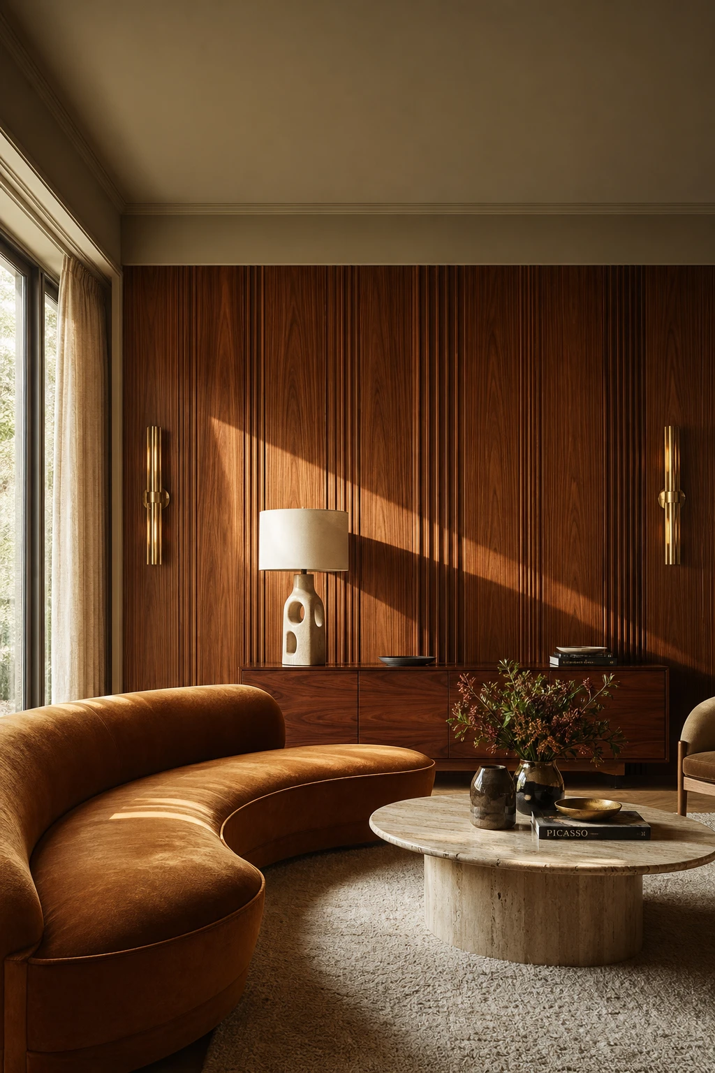 Midcentury glam living room with timber wall panels as the hero feature, warm neutral tones, sculptural furniture and soft evening light