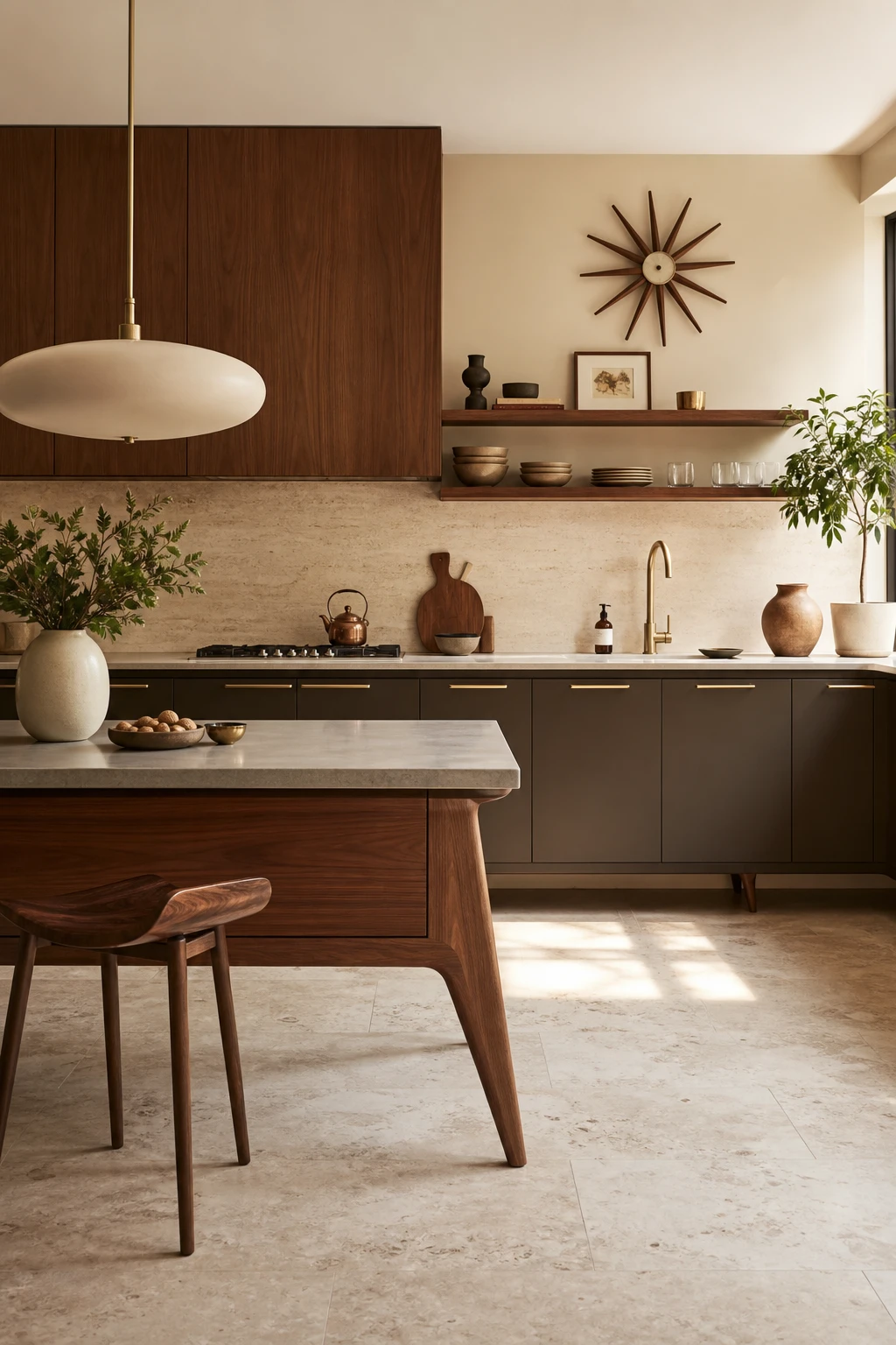 Midcentury modern brown and beige kitchen with tapered cabinet legs, flat front doors, warm walnut surfaces, and Farrow and Ball Tack Room Door painted lower cabinets