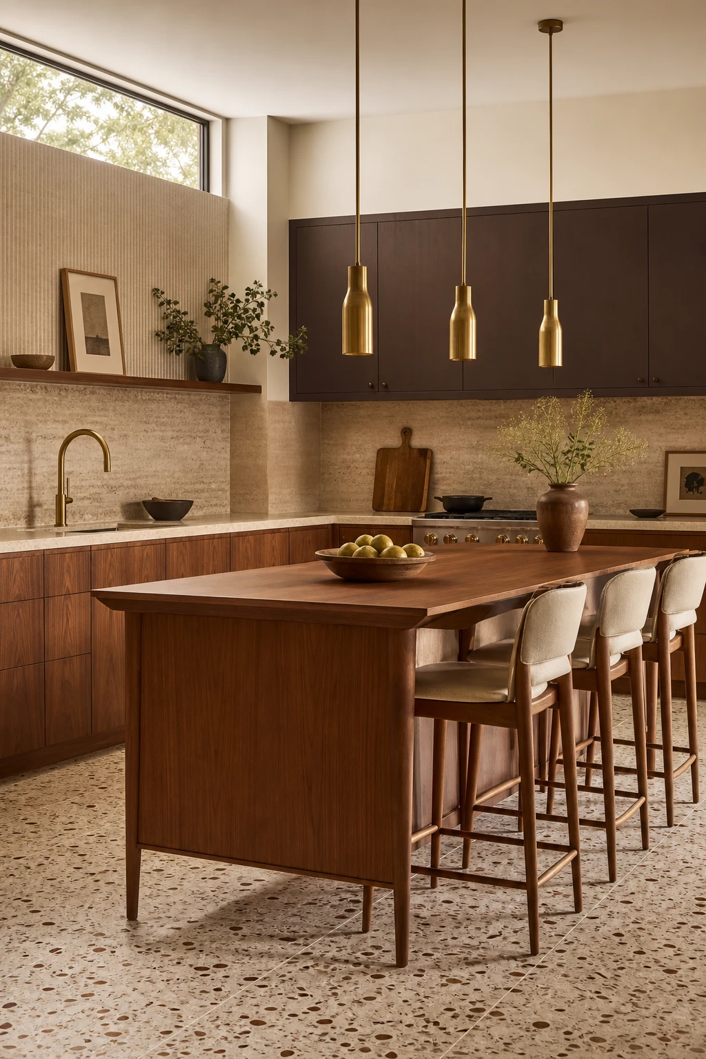Midcentury modern brown and beige kitchen with warm walnut cabinetry, tapered leg island, retro pendant lights and Farrow and Ball Tack Room Door painted upper cabinets