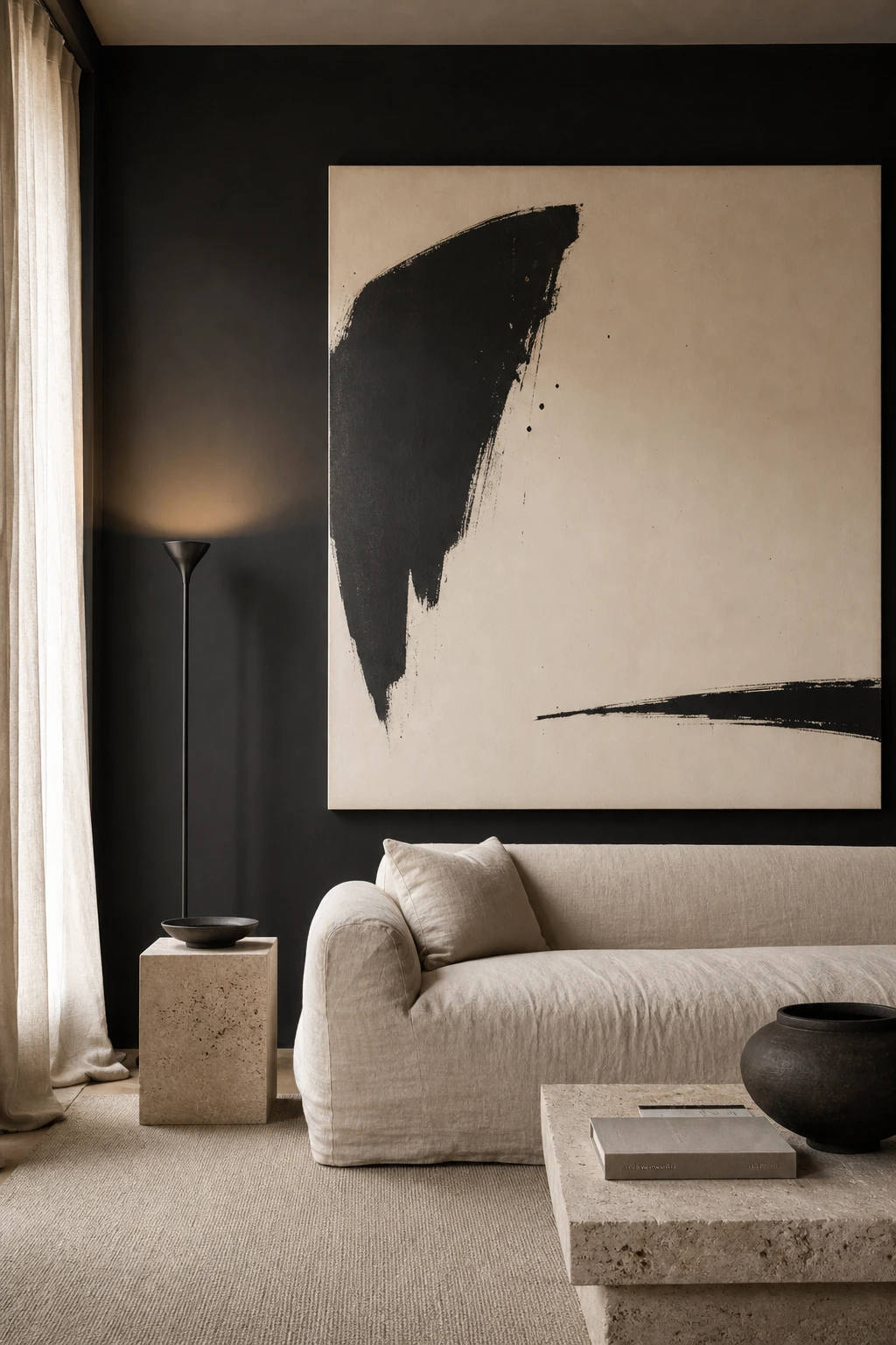Minimalist black and cream room with a single large abstract artwork as the focal point, natural light, raw linen, matte plaster walls in Farrow Ball Tar