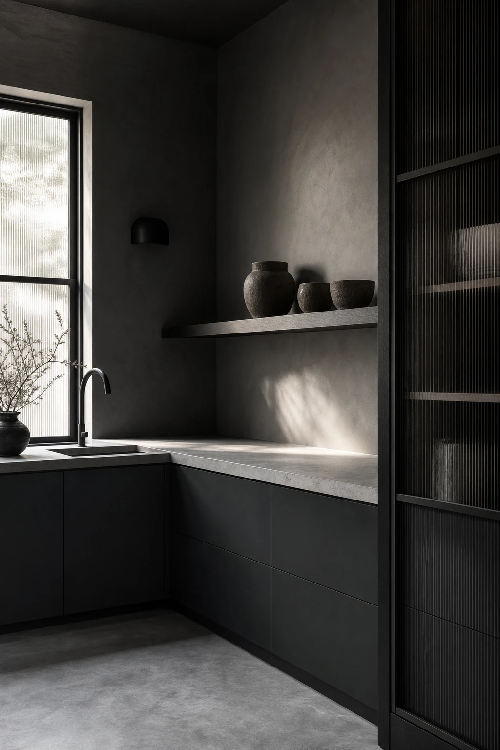 Minimalist charcoal gray kitchen with flat front cabinetry, concrete countertops, integrated appliances and Farrow and Ball Beetle Black on lower cabinets bathed in cool morning light