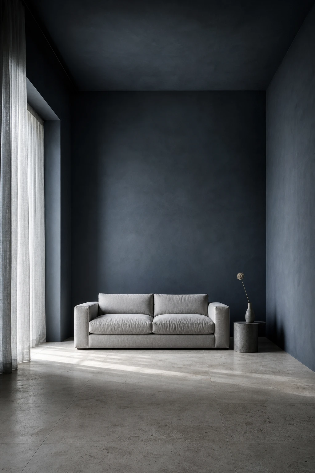 Minimalist dark blue and gray interior with Inchyra Blue walls, spare furnishings, and clean architectural lines in soft natural light