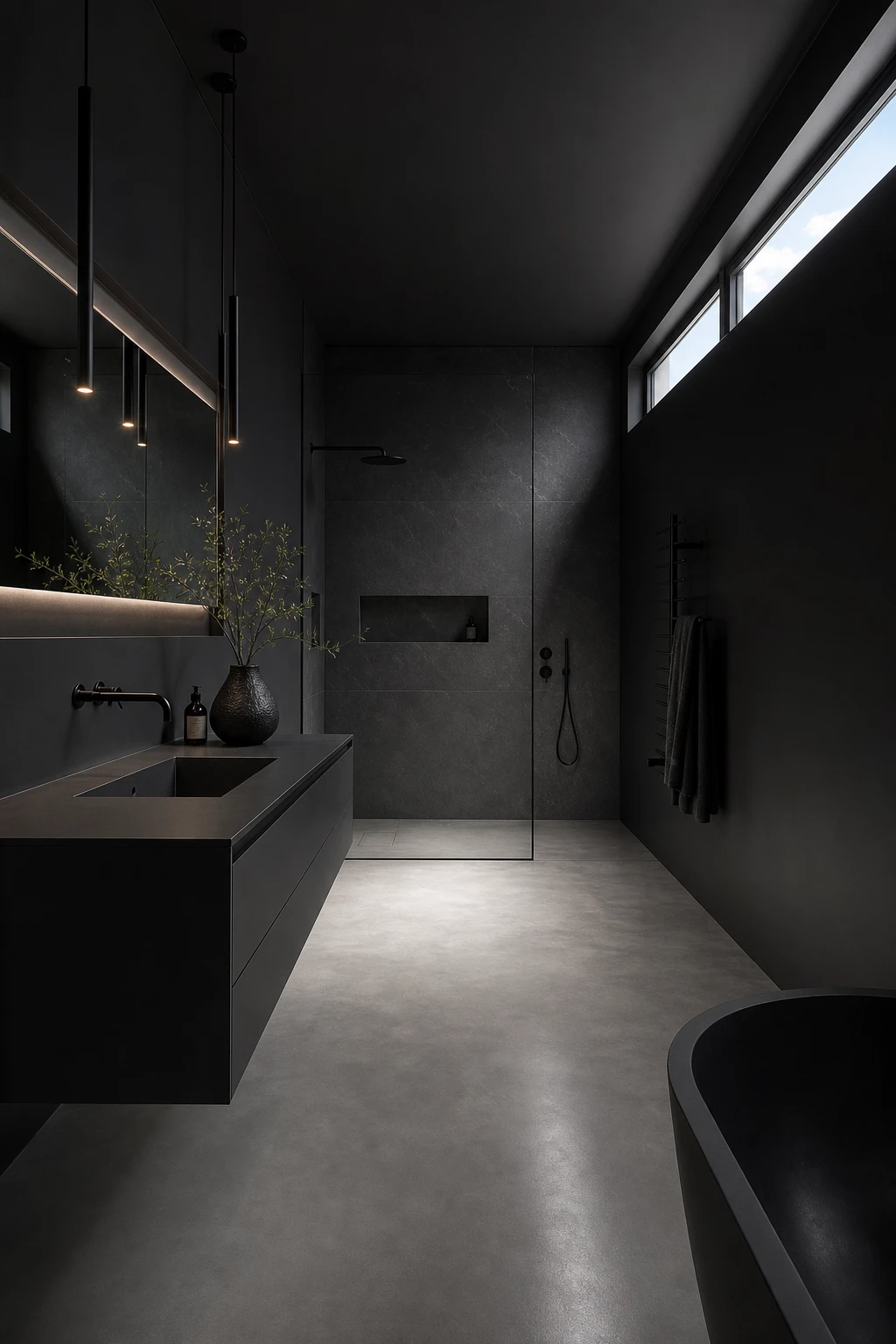 Minimalist luxury black bathroom with clean lines, floating vanity, frameless shower, and Farrow and Ball Pitch Black walls under cool natural morning light