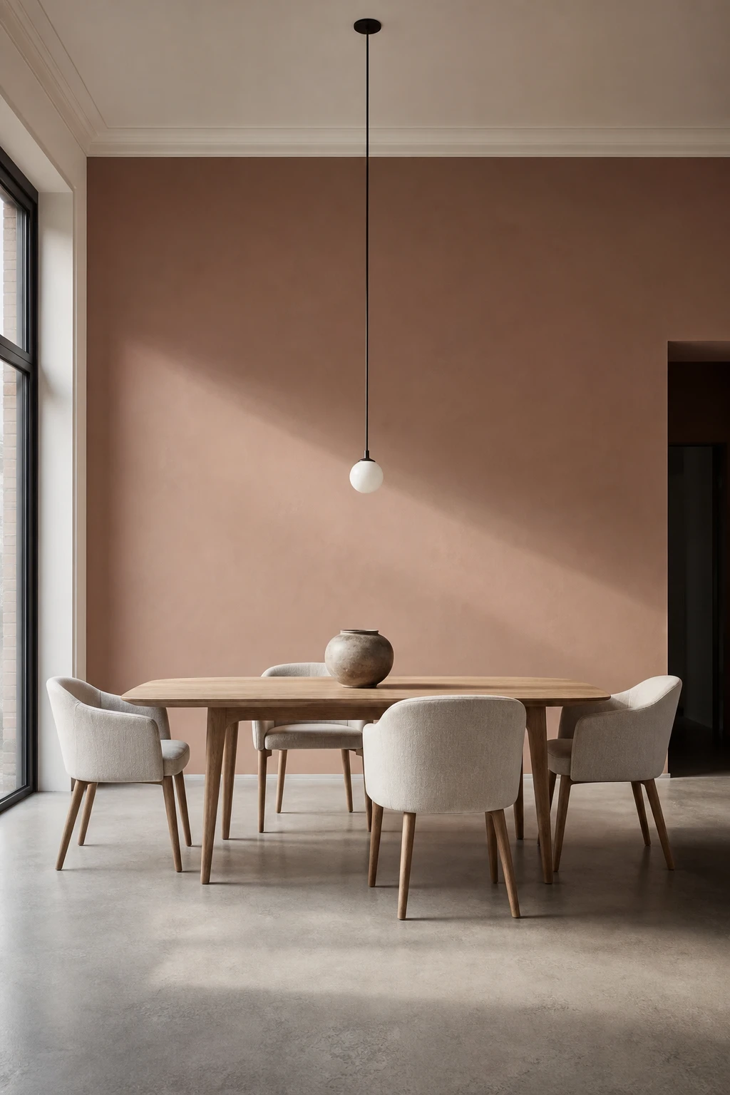 Minimalist modern terracotta dining room with a single Farrow and Ball Duster painted wall, bare oak table, slim chairs, and soft natural light