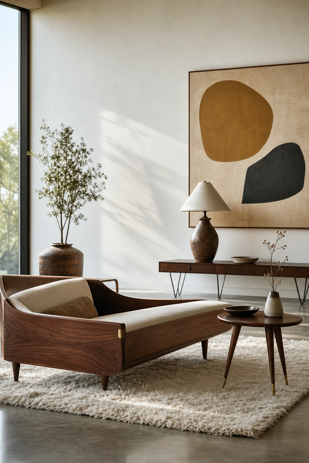 Minimalist retro mid century glam living room with restrained furnishings, negative space, and Farrow & Ball Hardwick White walls in cool neutral tones