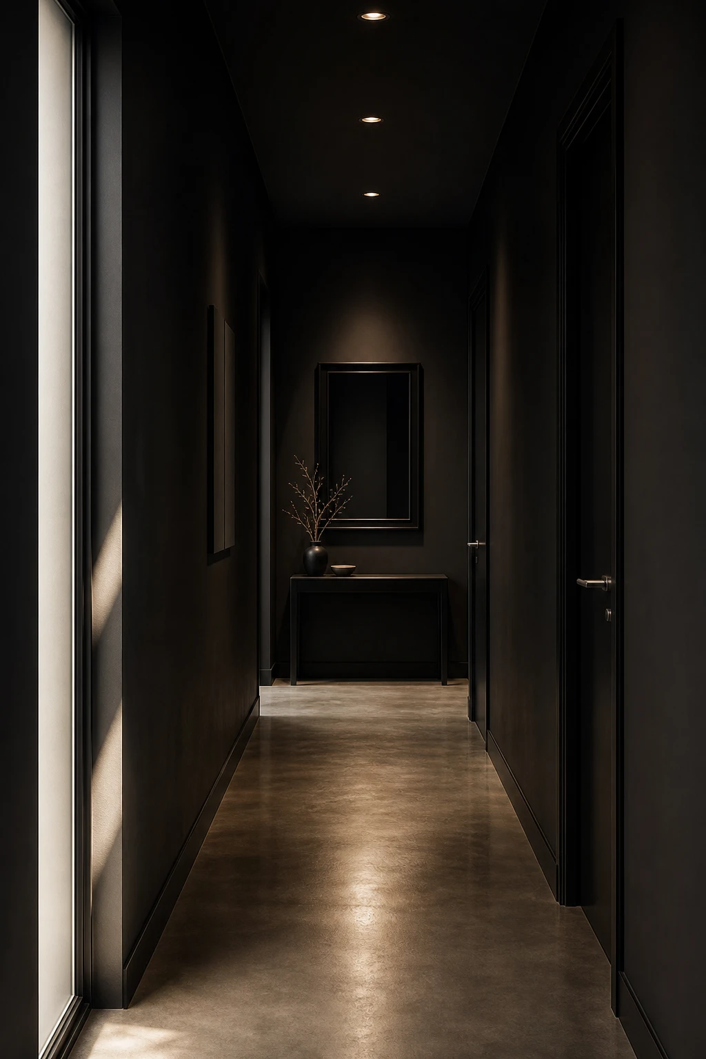 Modern all black hallway with clean architectural lines, matte black walls, slim skirting boards, and a glossy black console table lit by warm afternoon light
