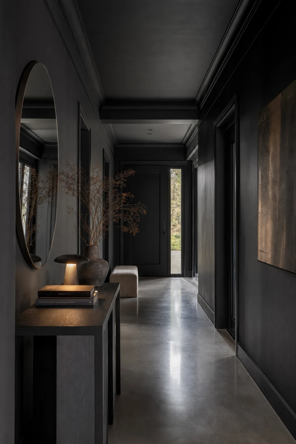 Modern all black hallway with clean black lines on walls trim and door, warm natural light, matte and gloss finishes, Farrow and Ball Pitch Black paint