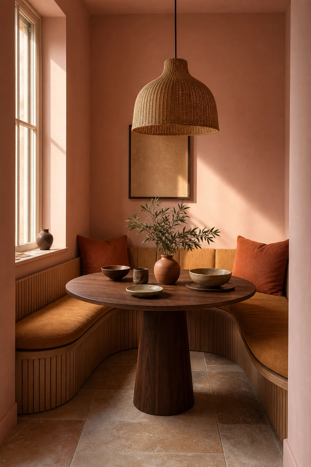 Modern terracotta dining room featuring a cosy dining nook with Farrow and Ball Folly Pink on three walls, built in bench seating, pendant light, and warm natural light