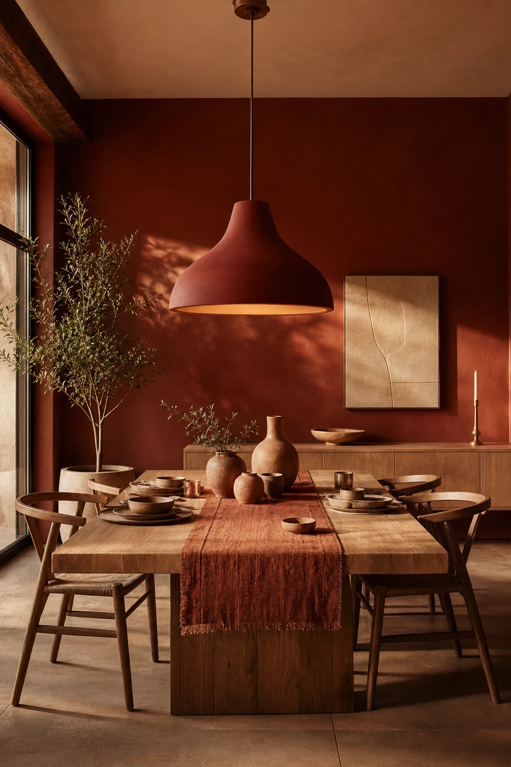 Modern terracotta dining room with a bold red pendant light hanging above a wooden table, walls in Farrow & Ball Blazer paint, warm evening light