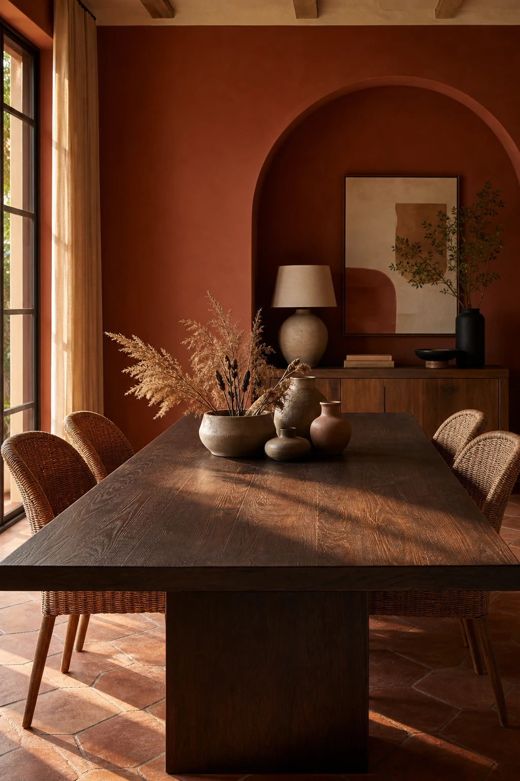 Modern terracotta dining room with a dark wood table as the hero, surrounded by warm Red Earth walls, rattan chairs, ceramic vessels, and soft natural light