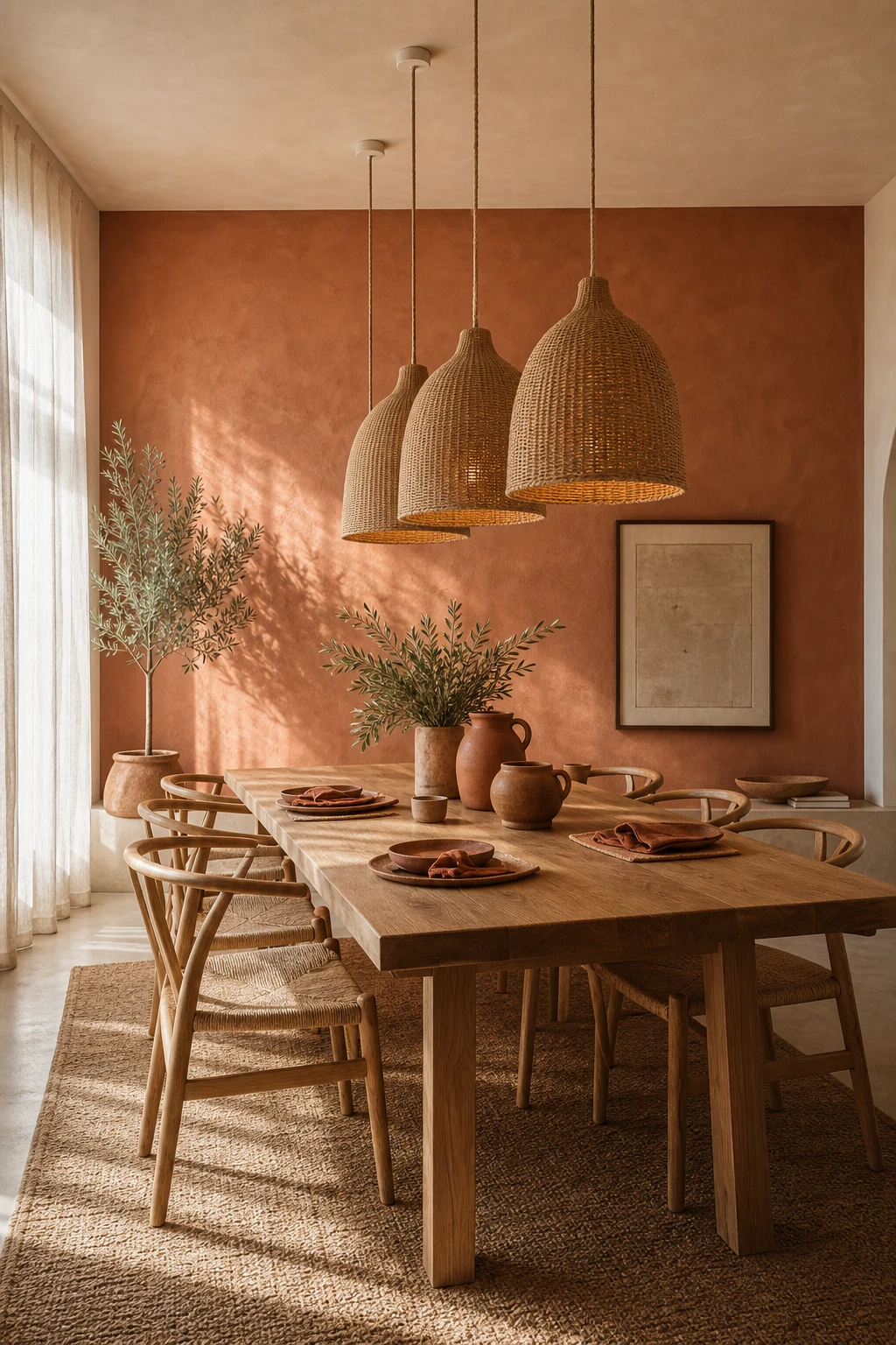 Modern terracotta dining room with a single Farrow & Ball Faded Terracotta feature wall behind a wood dining table, warm afternoon light, linen and rattan accents