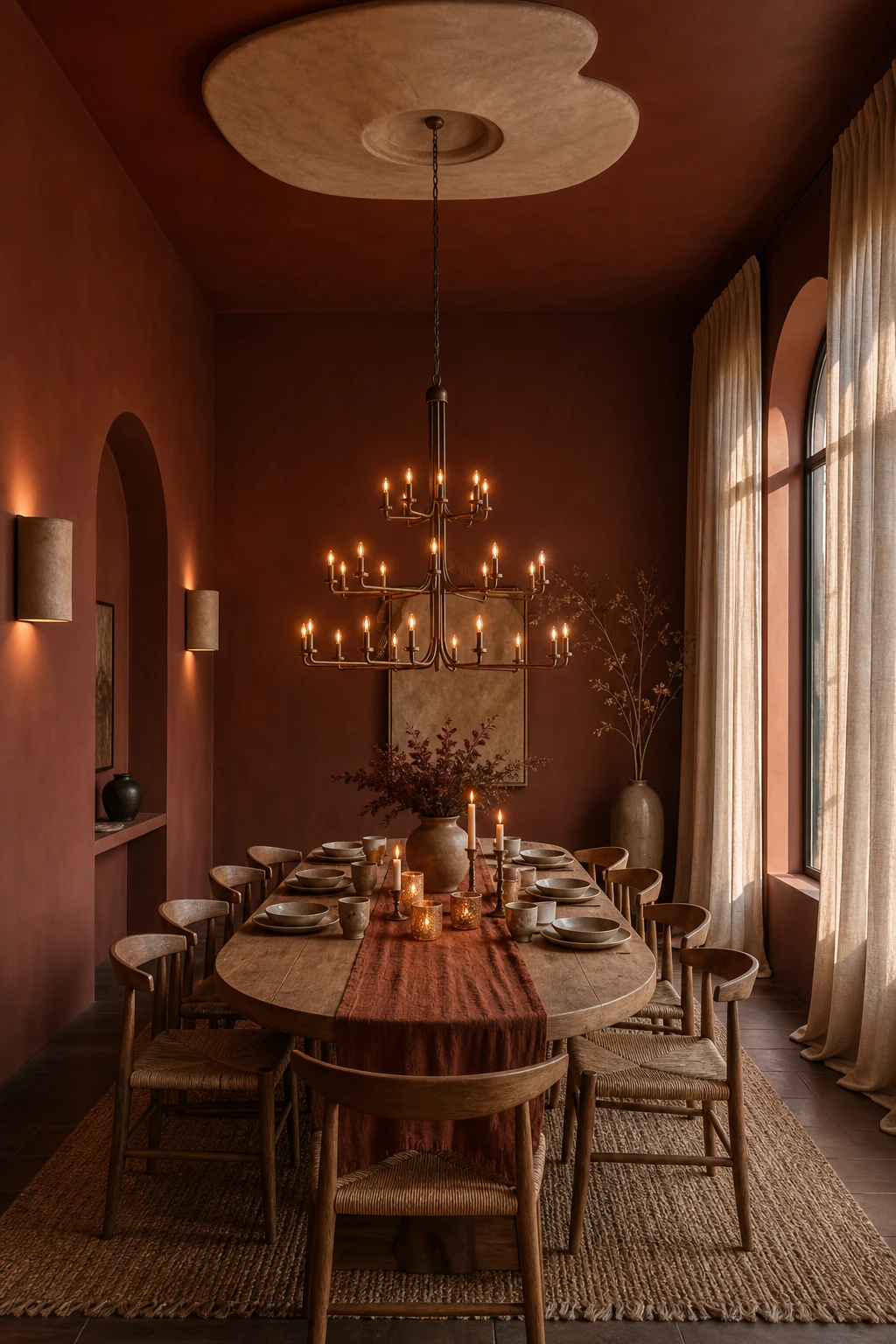 Modern terracotta dining room with a statement chandelier as the hero, Farrow and Ball Singed Red walls, linen drapes, raw plaster, and a long oak table