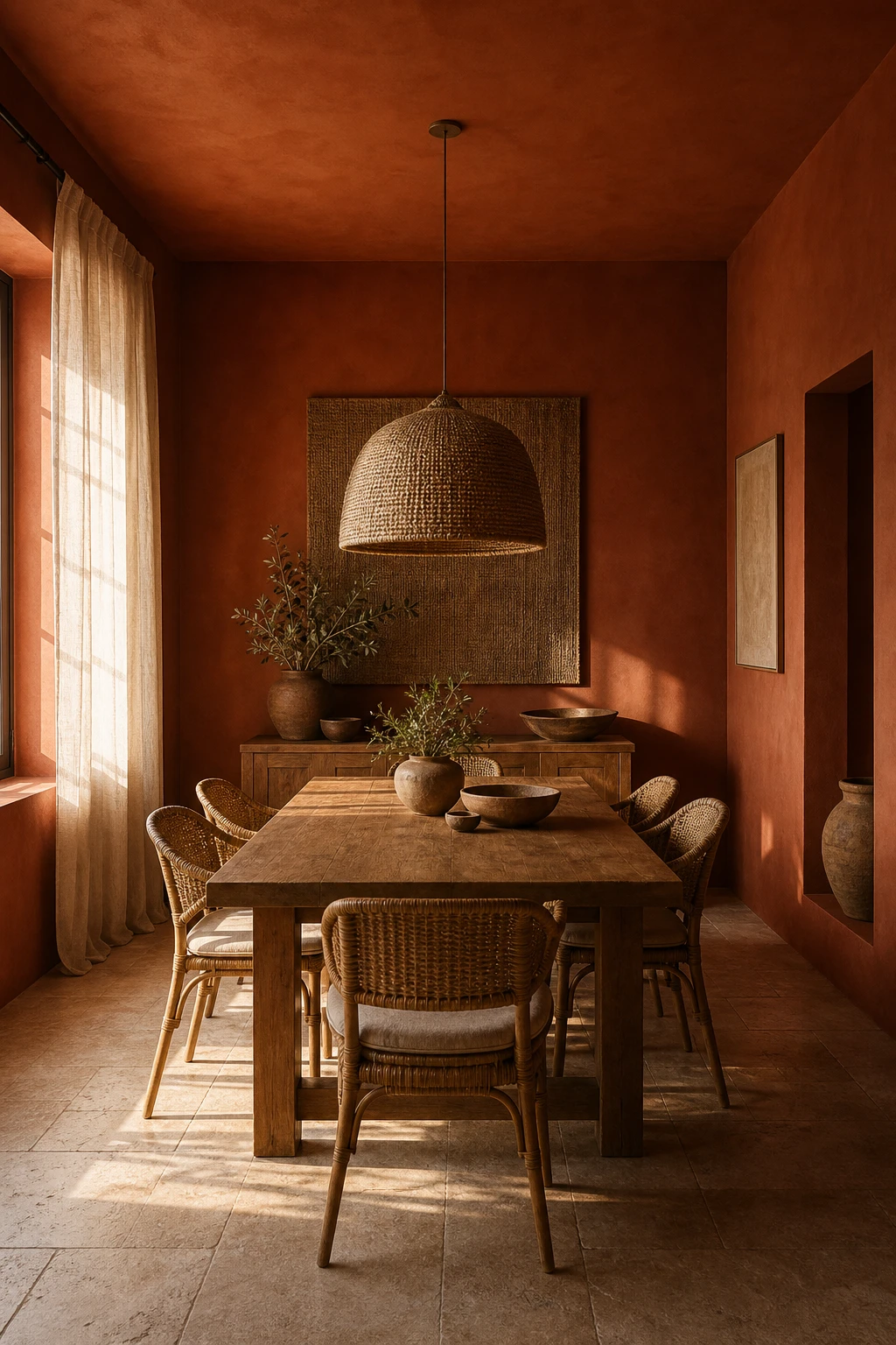 Modern terracotta dining room with all four walls painted Farrow and Ball Red Earth, warm evening light, linen curtains, oak table, rattan chairs