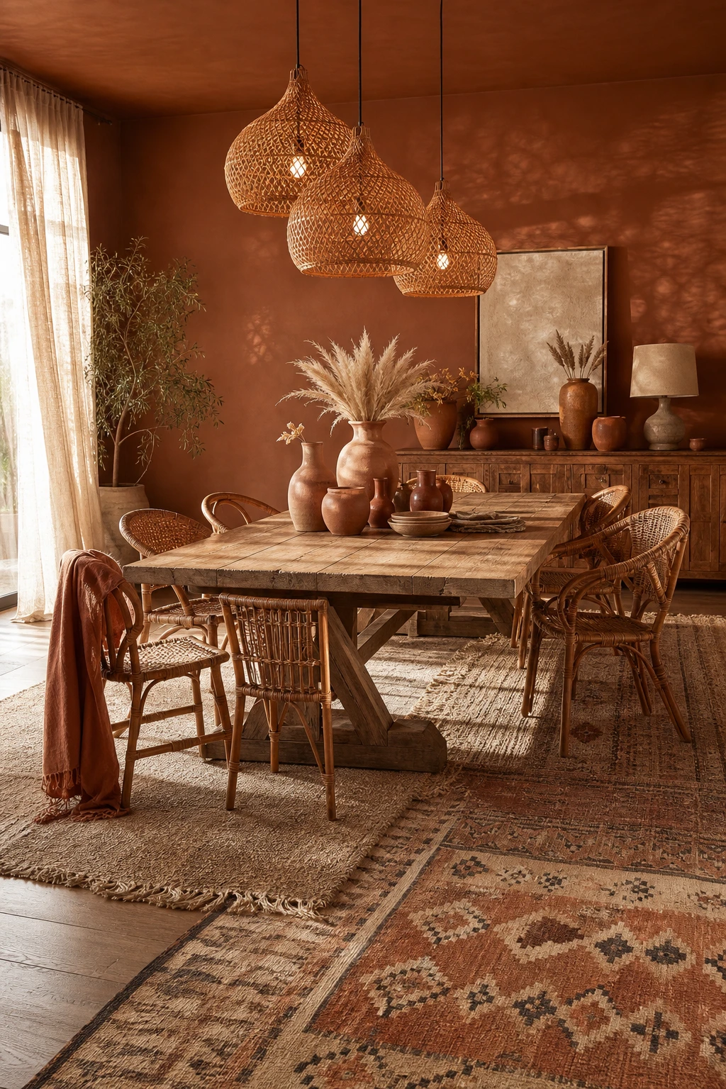 Modern terracotta dining room with boho layering, rattan pendants, woven textiles, mixed ceramic vessels and Farrow & Ball Menagerie painted walls