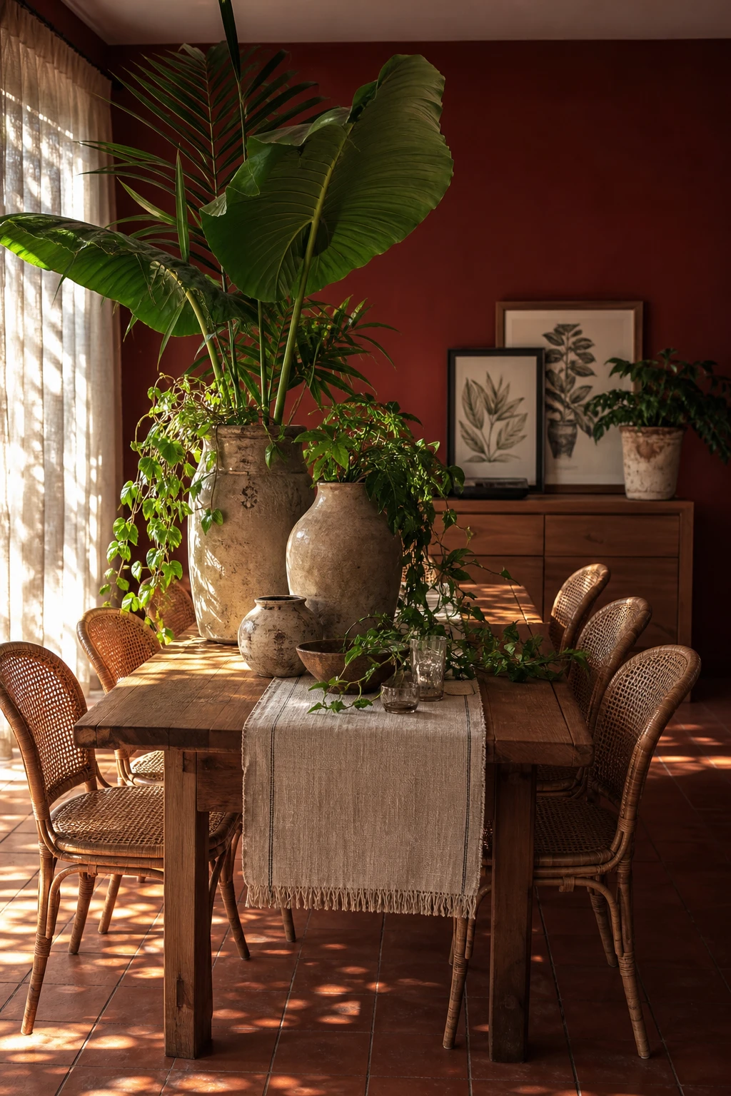 Modern terracotta dining room with bold botanical greenery, earthy walls, rattan chairs, a linen runner, and large tropical leaves in ceramic vessels