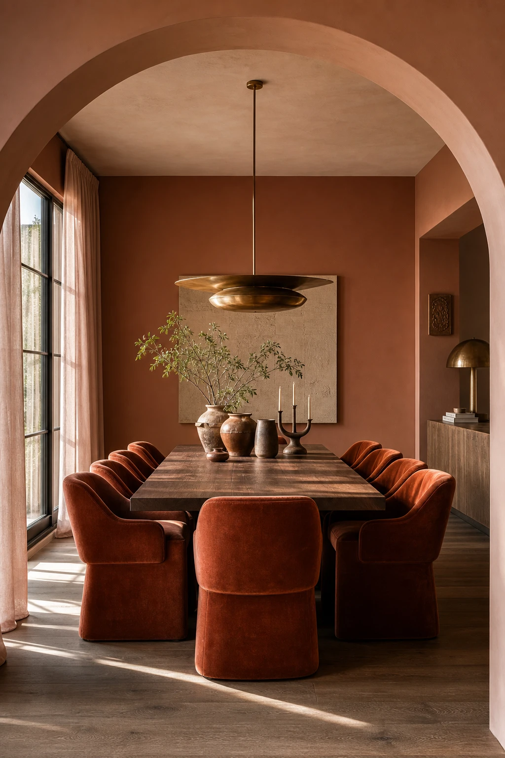 Modern terracotta dining room with burnt orange velvet dining chairs as the hero, linen curtains, walnut table, ceramic vessels, and Farrow & Ball Naperon walls