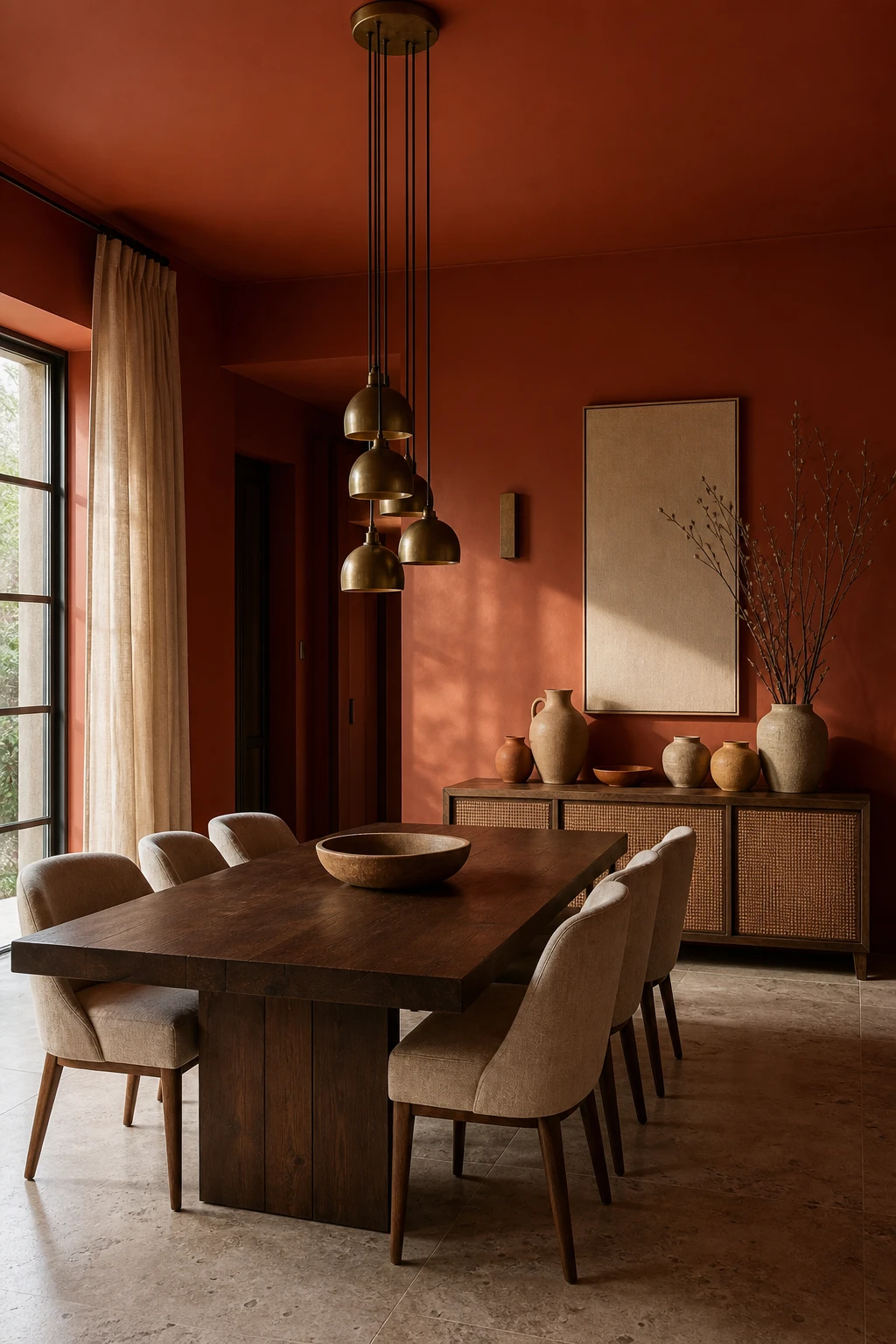 Modern terracotta dining room with burnt orange walls in Farrow and Ball Fox Red, dark walnut table, linen chairs, aged brass pendant and rattan accents