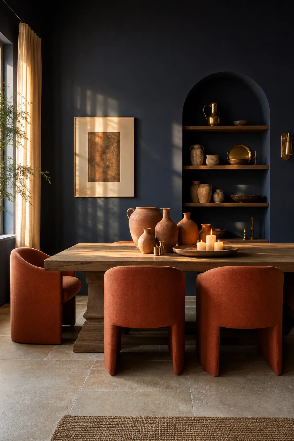 Modern terracotta dining room with deep blue contrast, Hague Blue accent wall behind a timber table, warm pendant lighting and terracotta ceramics on display