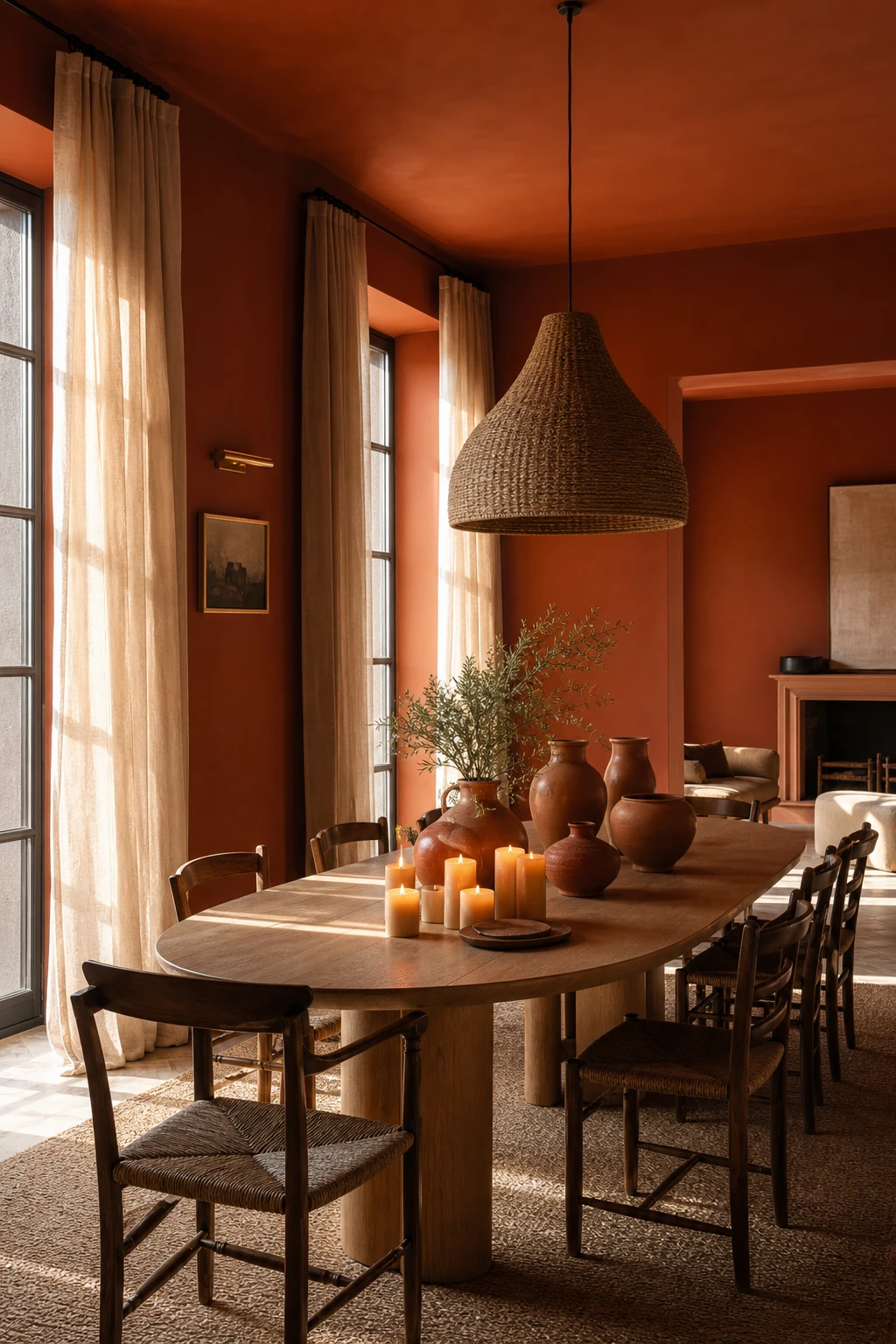 Modern terracotta dining room with deep rust toned walls painted Farrow and Ball Etruscan Red, warm candlelight, linen curtains, and a raw oak dining table