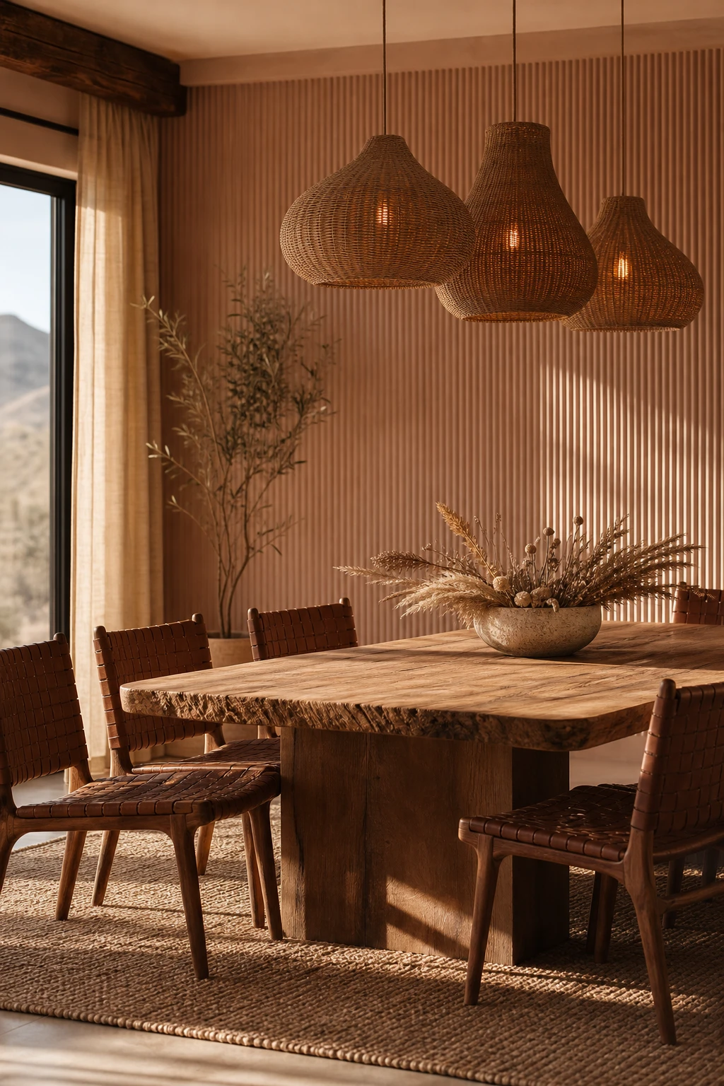 Modern terracotta dining room with desert modern style featuring warm sandy walls, textured clay finishes, rattan pendant, and live edge table in soft afternoon light