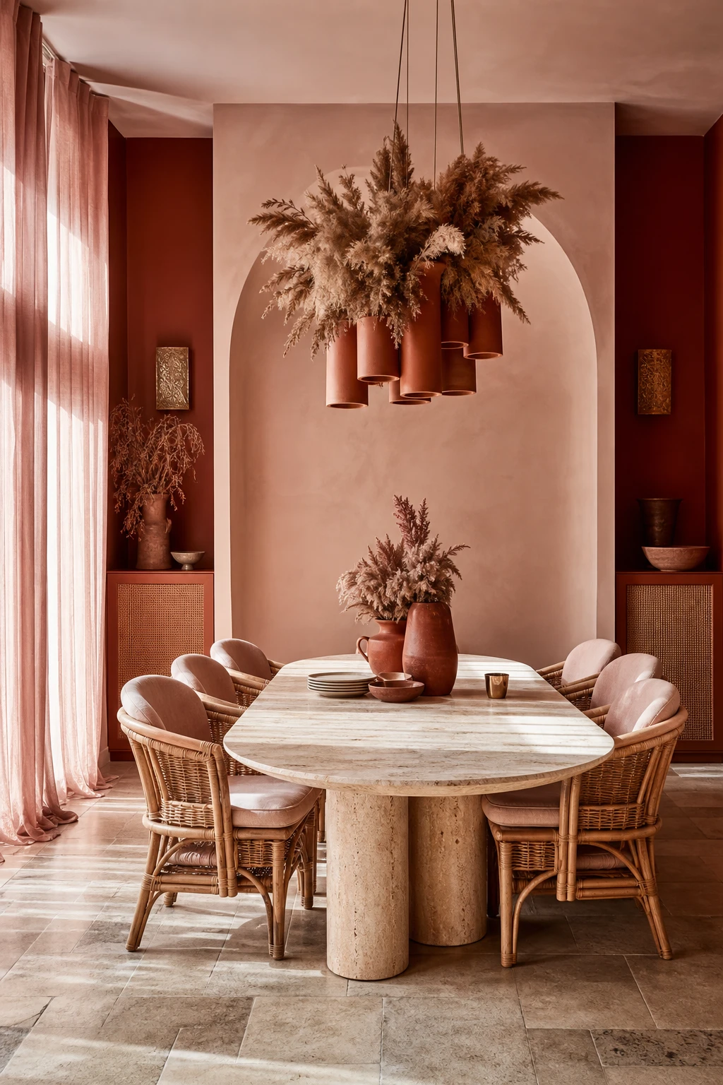 Modern terracotta dining room with dusty rose tones, earthy linen drapery, warm rattan chairs, and Farrow and Ball Book Room Red on the feature wall