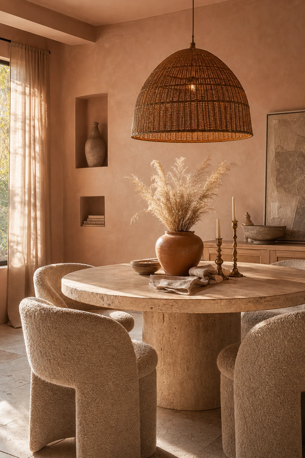 Modern terracotta dining room with Farrow and Ball Setting Plaster walls, a round linen dining table, rattan pendant light, and warm afternoon sunlight