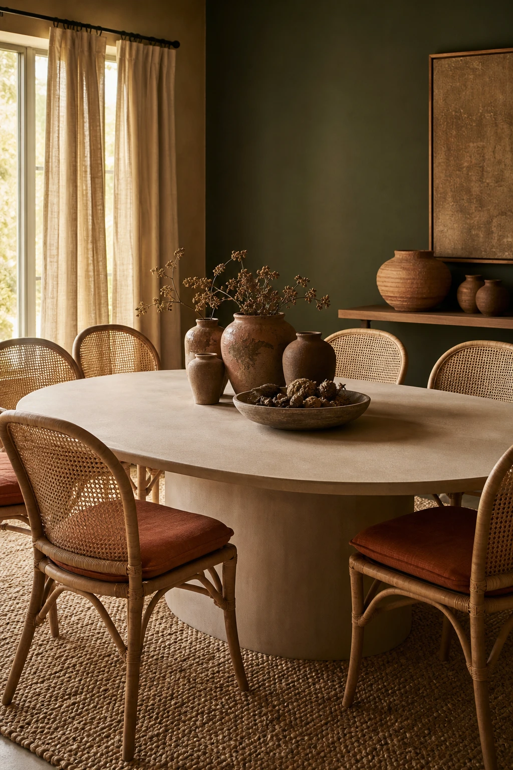 Modern terracotta dining room with green pairing as the hero, sage green accent wall in Farrow and Ball Calke Green beside warm terracotta tones, rattan chairs, clay vessels and linen drapes