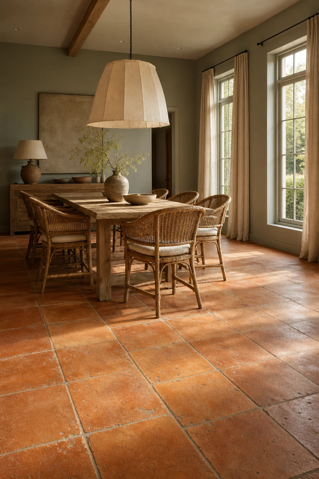 Modern terracotta dining room with handmade terracotta floor tiles as the hero, pale earth tone walls, rattan chairs, and warm afternoon light