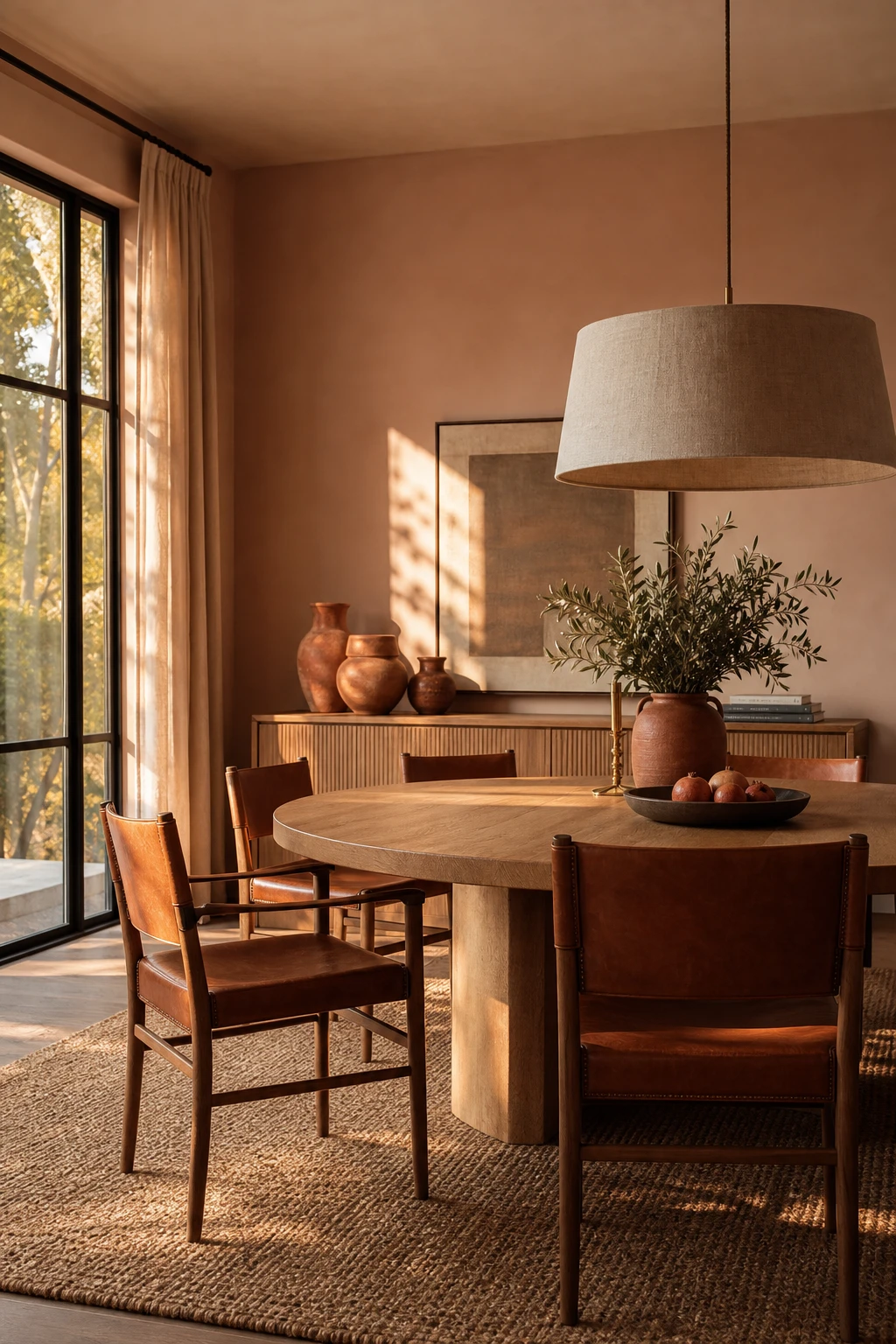 Modern terracotta dining room with leather dining chairs around a round table, Farrow and Ball Ointment Pink walls, warm afternoon light