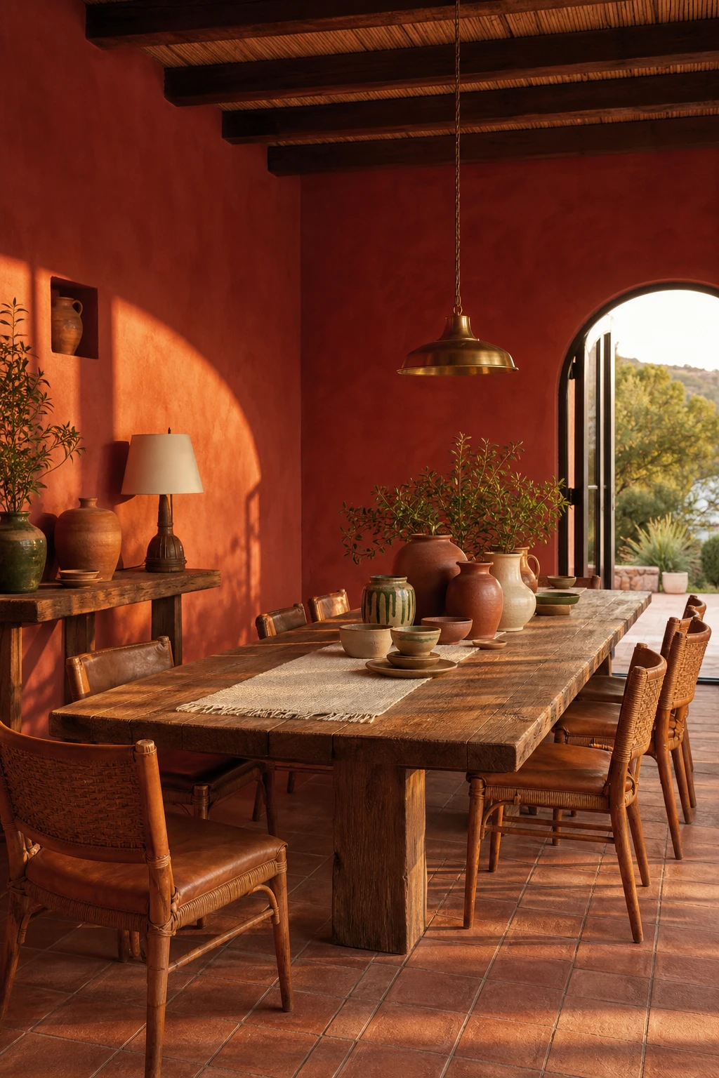 Modern terracotta dining room with Mediterranean warmth, textured plaster walls in Book Room Red, aged wood table, ceramic vessels and warm evening light