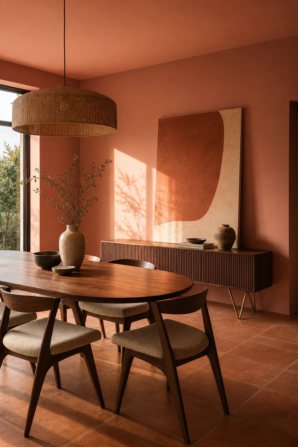 Modern terracotta dining room with mid century modern lines, tapered walnut chairs, oval table, and Farrow & Ball Folly Pink walls in warm afternoon light