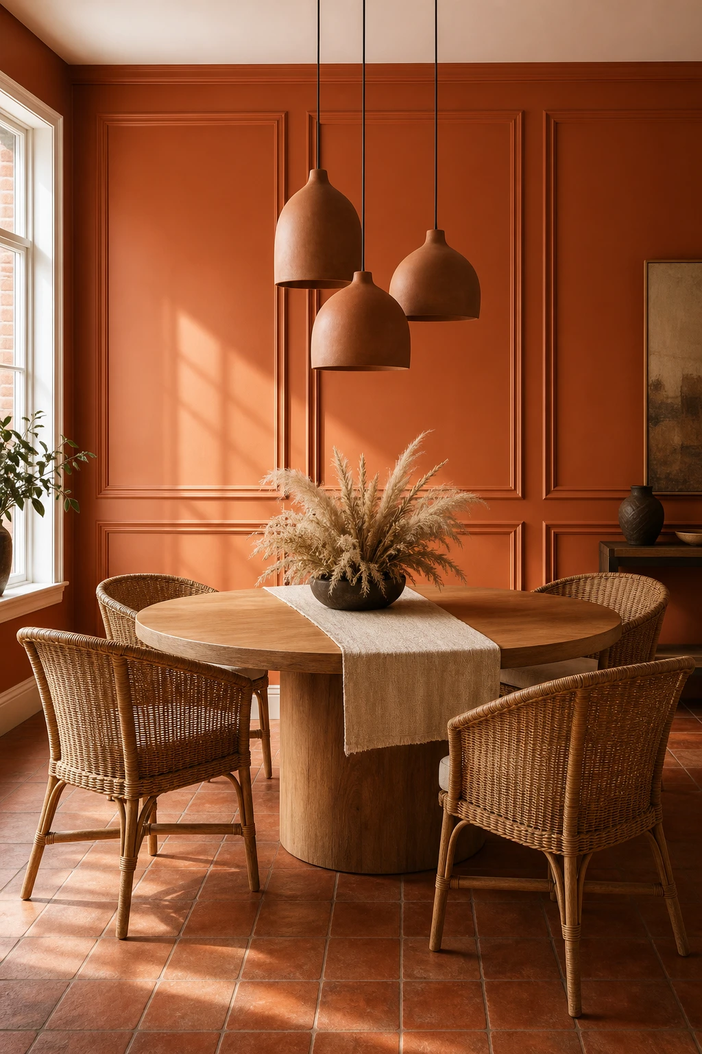 Modern terracotta dining room with painted wall panelling in warm orange, a round dining table, woven chairs, and pendant lighting in natural afternoon light.