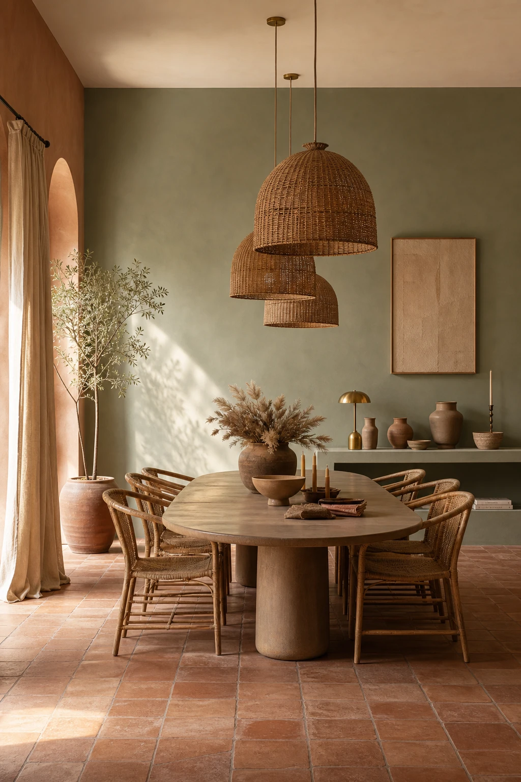 Modern terracotta dining room with sage accent walls, linen drapes, rattan pendants, and earthy ceramic tableware in warm afternoon light