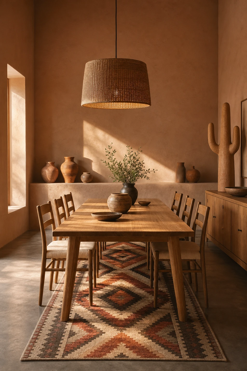 Modern terracotta dining room with Southwestern geometric textiles and natural materials, warm afternoon light, Farrow Ball Naperon walls