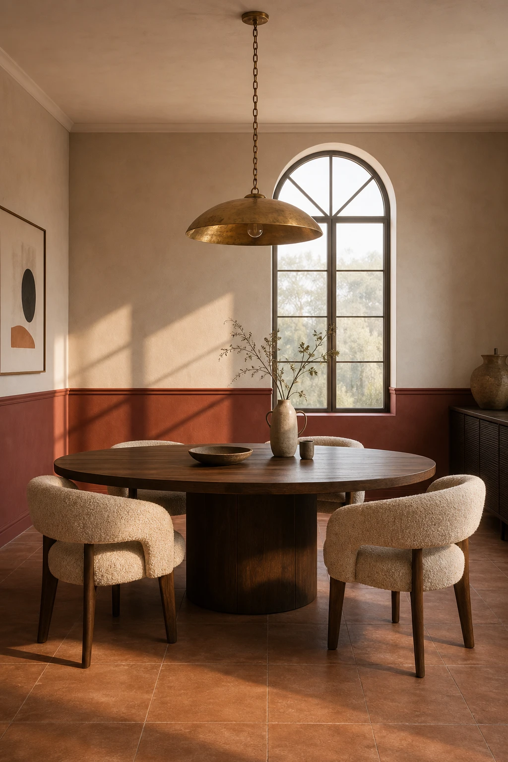 Modern terracotta dining room with two tone walls featuring Farrow and Ball Singed Red on the lower half and warm white upper walls above a painted dado rail