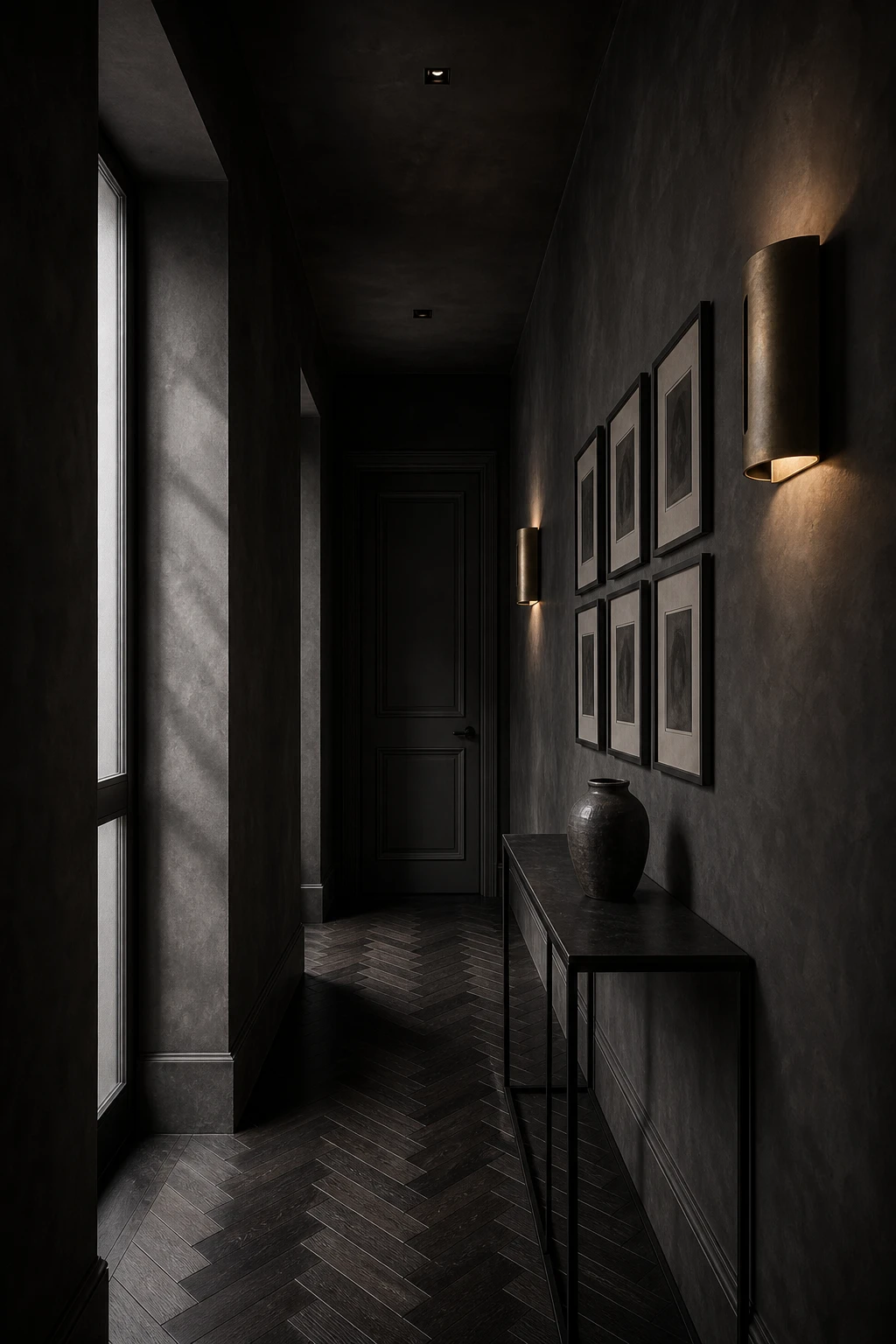 Moody all black hallway painted in dark grey with layered charcoal tones, slim console table, aged brass sconce, herringbone floor and dramatic shadow play