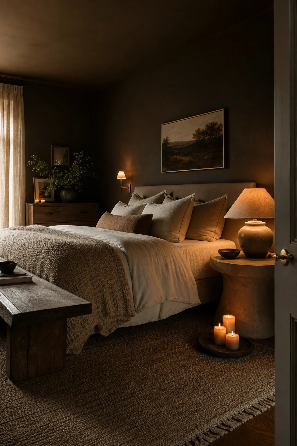 Moody brown and cream bedroom with layered warm lighting, rich textiles, and Farrow and Ball Tack Room Door painted walls creating intimate atmosphere
