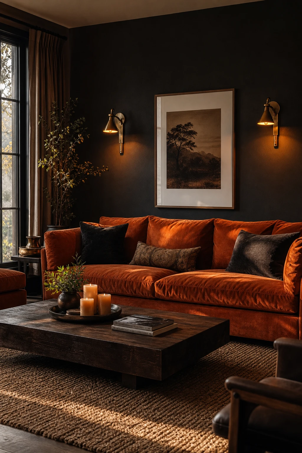 Moody brown and orange living room with charcoal walls, a burnt orange sofa, dark wood furniture, and warm candlelight creating an intense, grown up atmosphere
