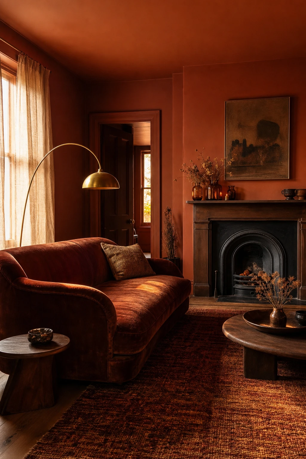 Moody brown and orange living room with deep orange tones as hero, featuring Farrow & Ball Red Earth walls, velvet sofa, brass lamp, and woven rug