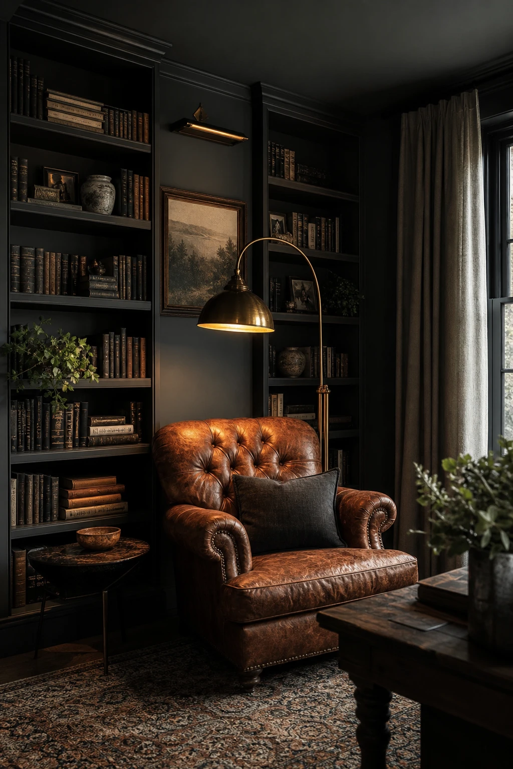Moody dark blue and gray library corner with built in shelves, aged leather armchair, warm brass lamp, and Lamp Room Gray painted walls in a layered reading nook