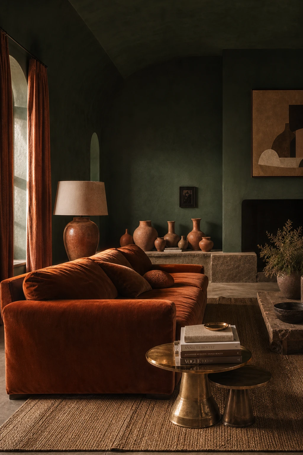 Moody dark green and terracotta living room with forest green feature wall, deep upholstered sofa, terracotta ceramic vessels and warm evening light