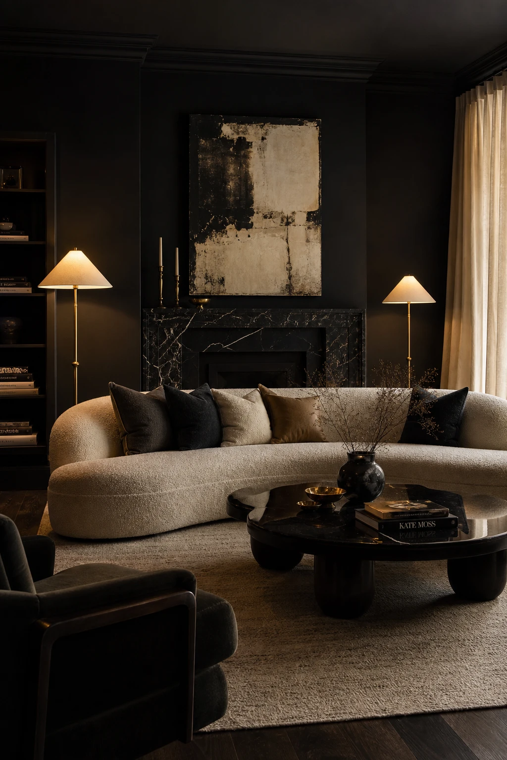 Moody elegant black and cream living room with deep shadow layering, rich textures, warm candlelight, and Farrow and Ball Off Black walls creating dramatic sophistication