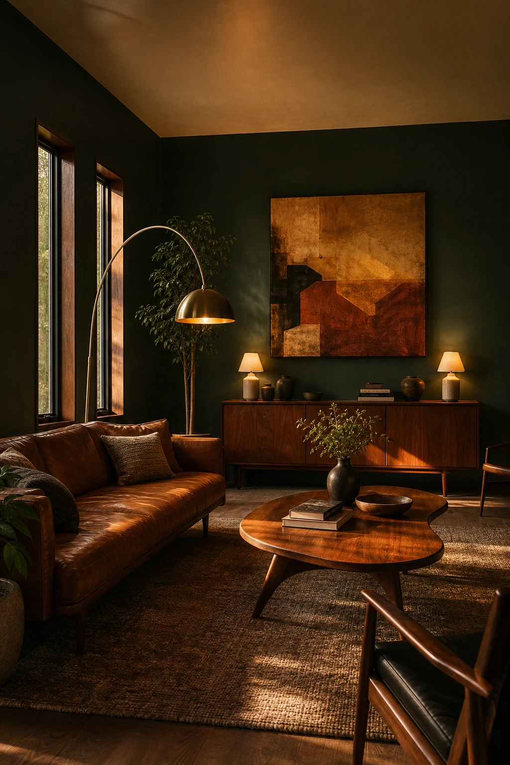 Moody green mid century modern living room with low amber lighting, walnut furniture, and Farrow & Ball Carriage Green walls creating deep atmospheric warmth